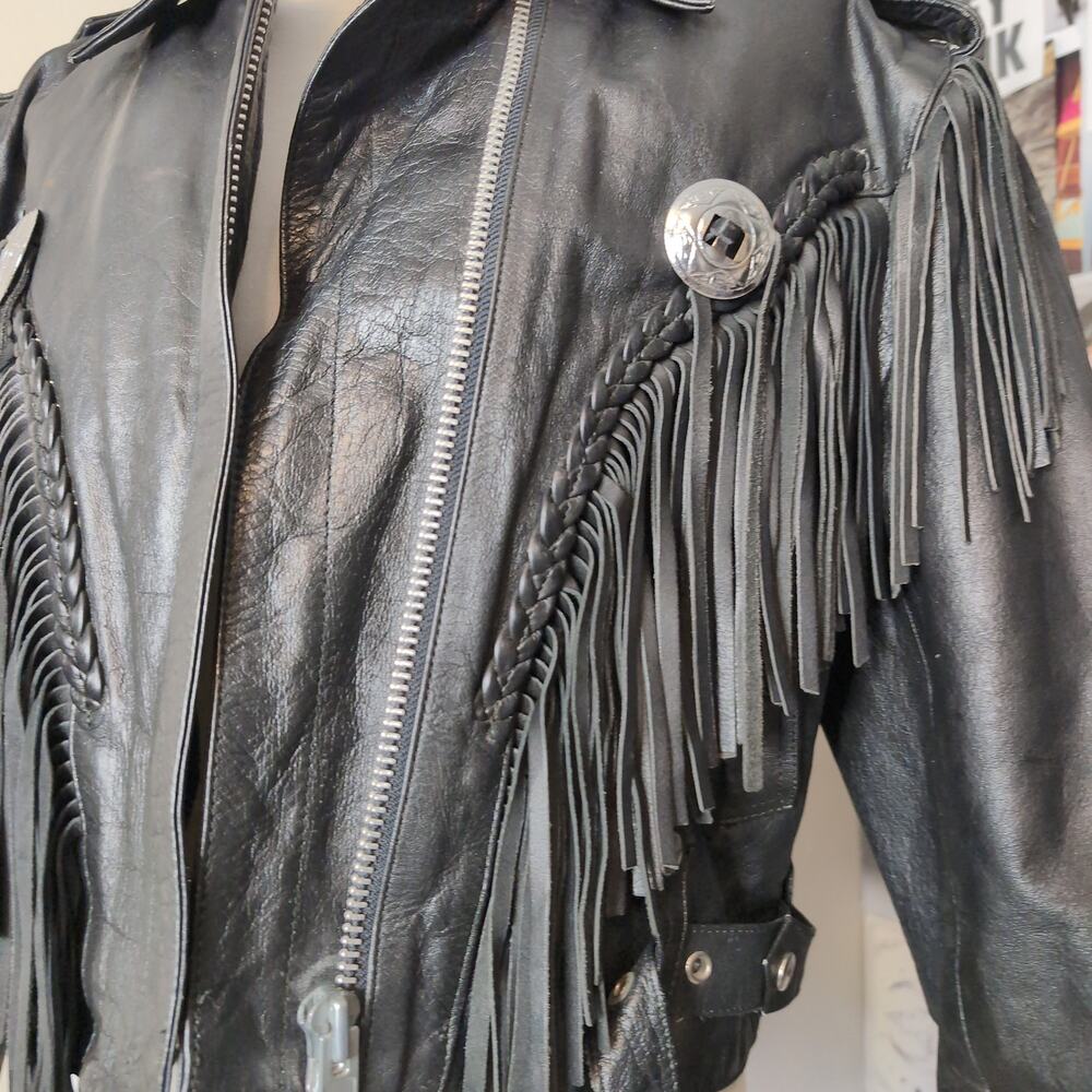 Cropped Leather Fringe Jacket Biker Vintage - Picture 2 of 8